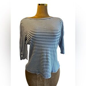 Chaps Top Nautical Blue & White Striped Cotton Tie Up Embellished 3/4 Sleeves 1X